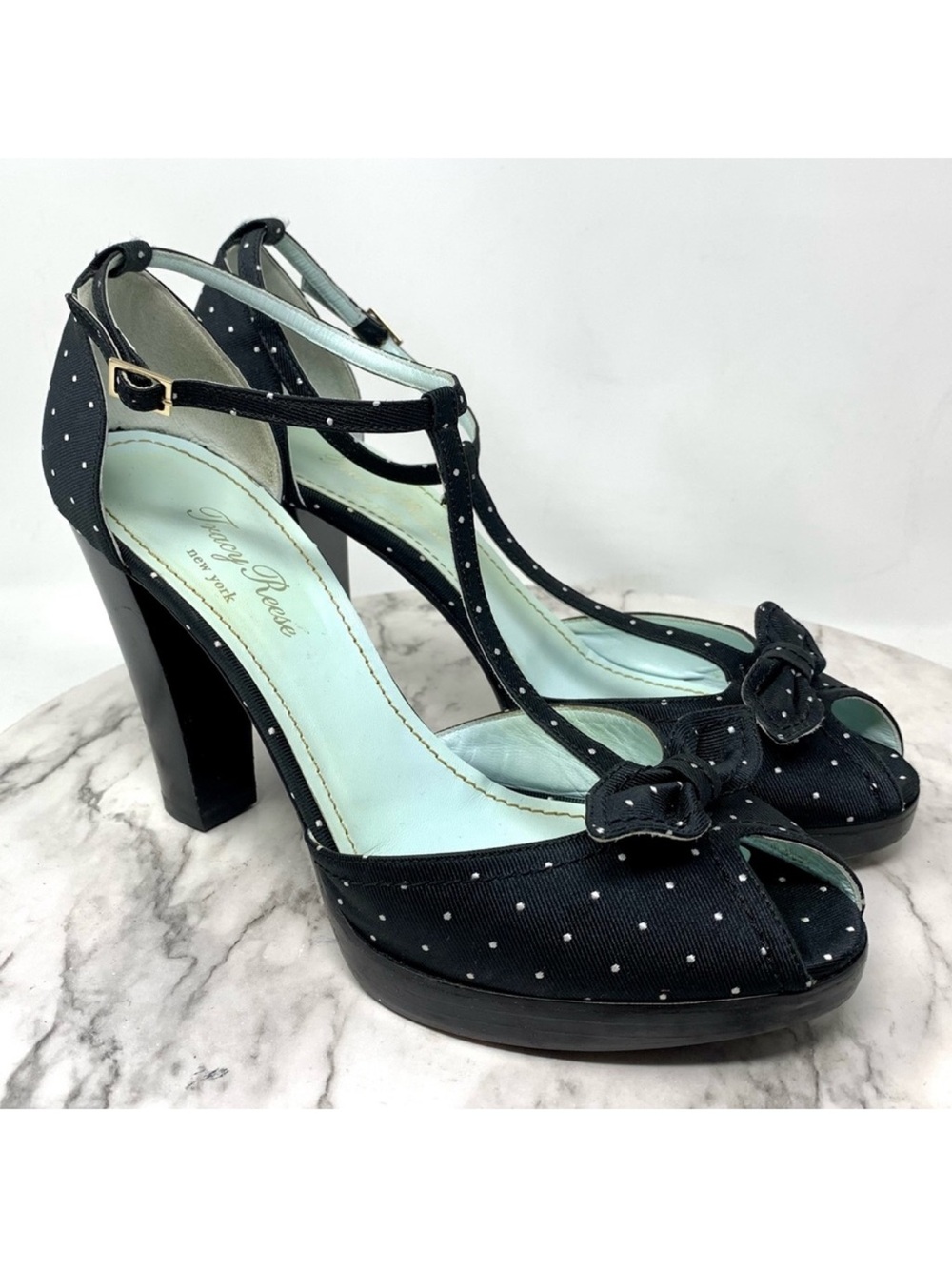 Tracy Reese Polka Dot Fabric Bow T-Strap Peep Toe Pumps 39.5 Retro Pinup Classic